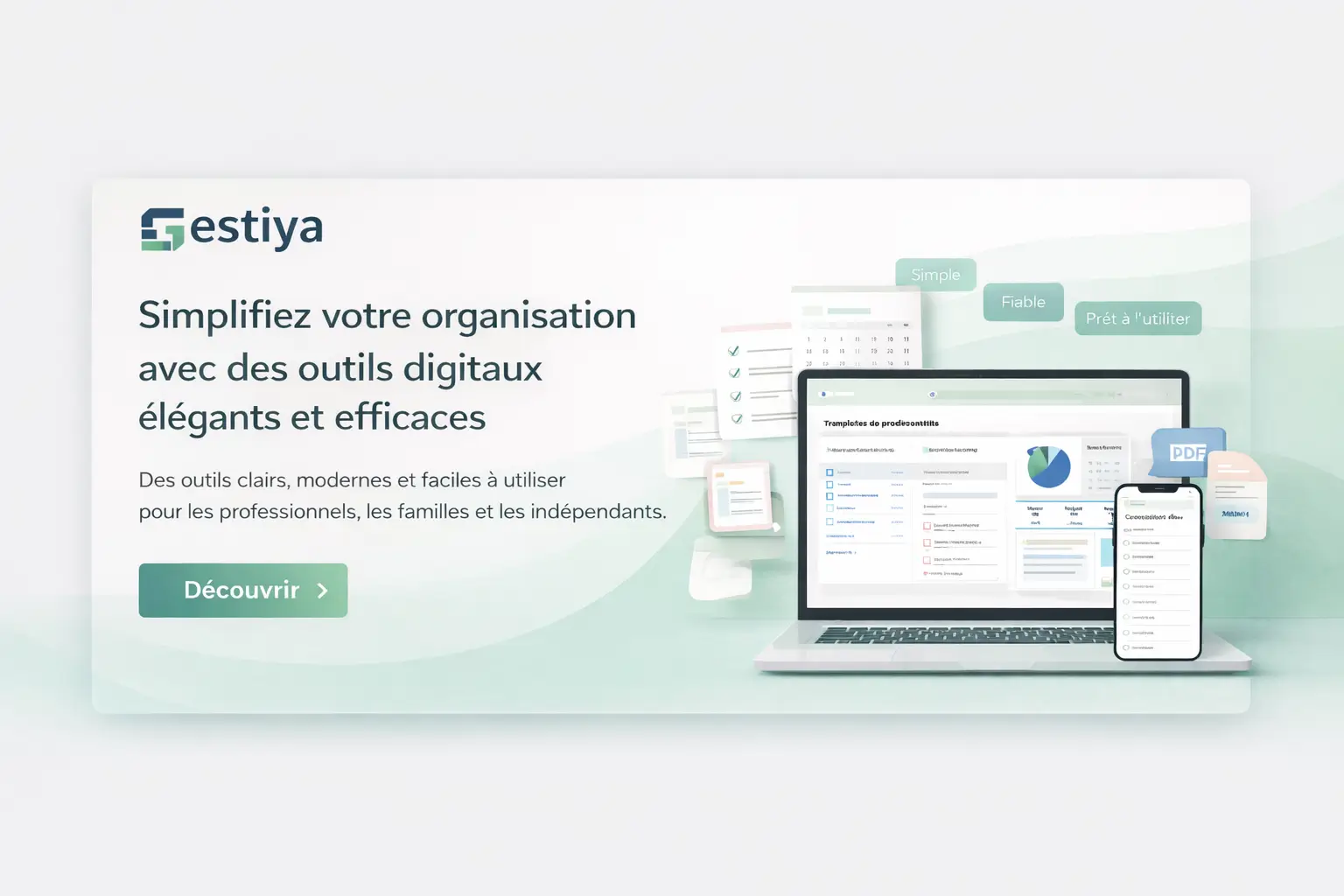 Bannière Gestiya avec templates digitaux d’organisation pour professionnels, familles et indépendants