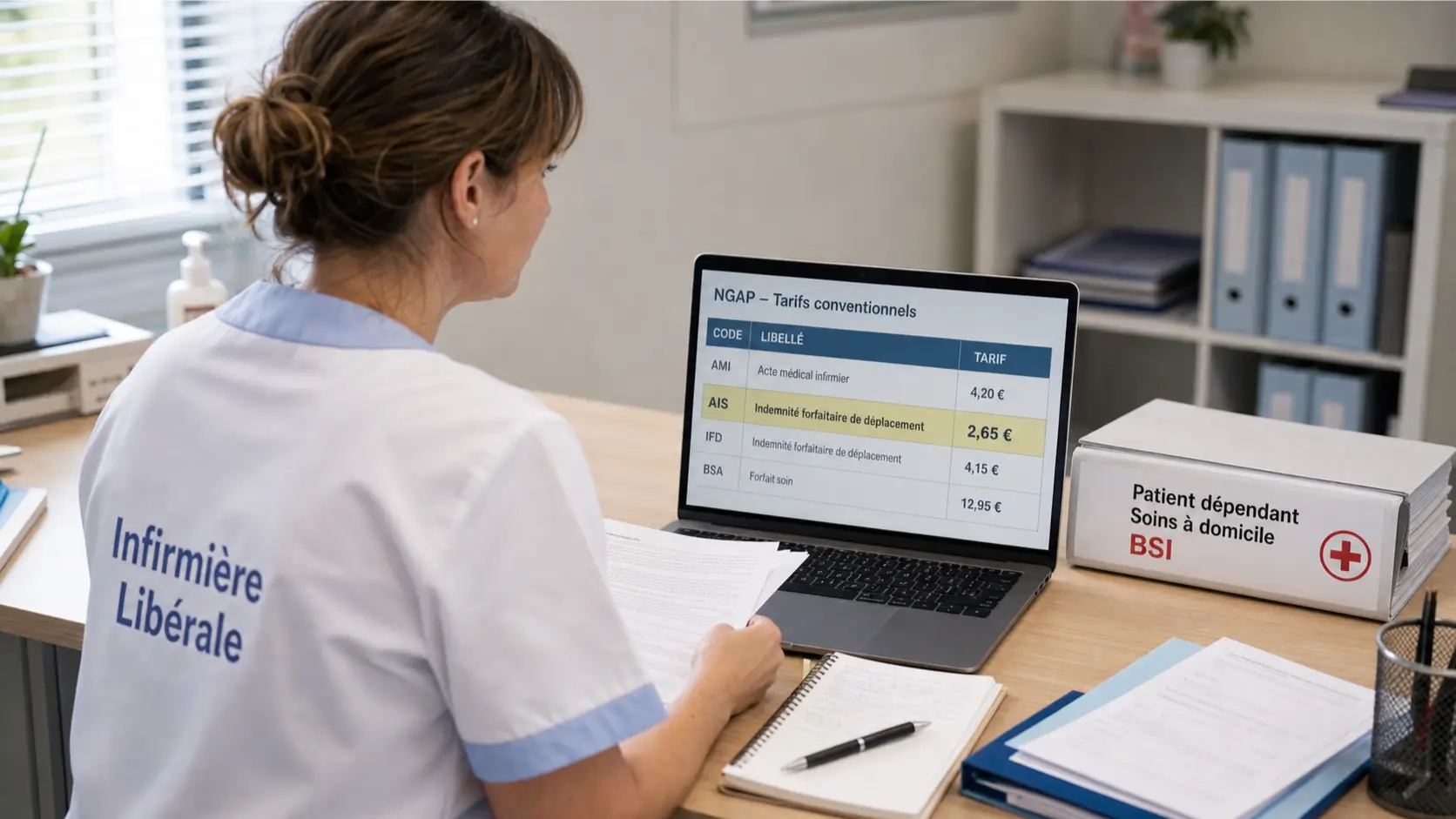 Infirmière libérale consultant un tableau NGAP avec le code AIS à 2,65 € et un dossier BSI pour patient dépendant à domicile