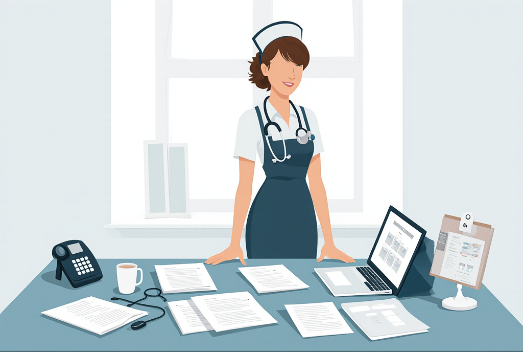 infirmière libérale devant ordinateur, documents administratifs, ambiance professionnelle.