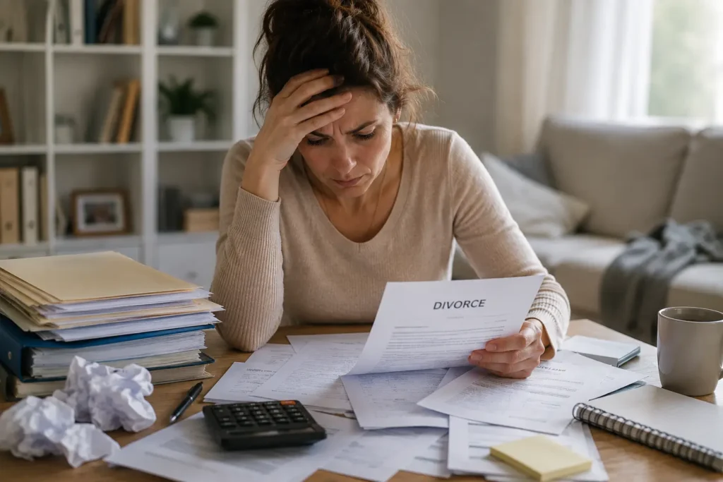 Couple consultant des documents avec un avocat lors des démarches de divorce en France