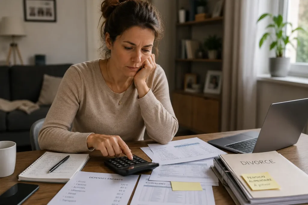 Femme seule après un divorce en train de calculer son budget et ses finances à la maison