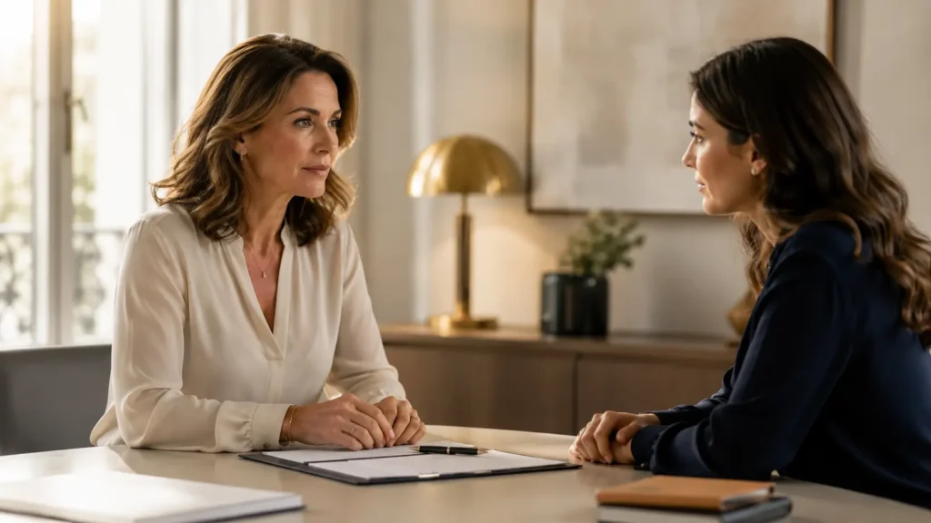 Femme sereine consultant ses documents pour son divorce par consentement mutuel