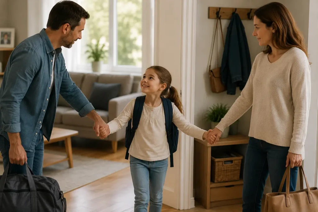 Enfant passant du temps avec chacun de ses parents dans le cadre d'une résidence alternée après un divorce.