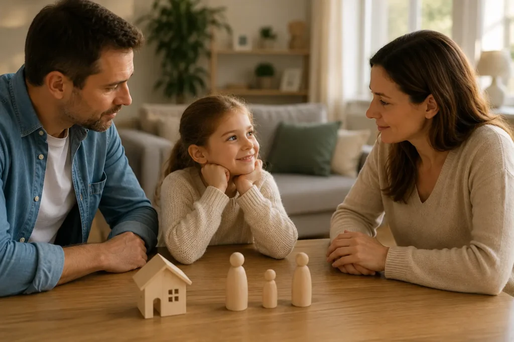 Enfant passant du temps avec chacun de ses parents dans le cadre d'une résidence alternée après un divorce.