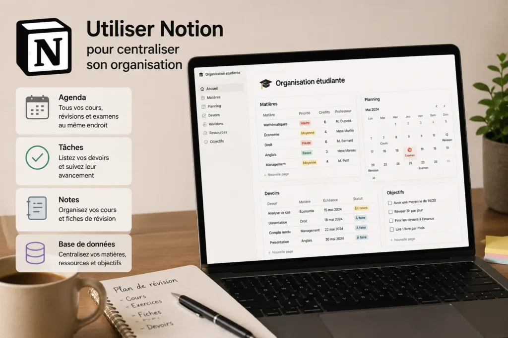 Étudiant utilisant Notion sur un ordinateur portable pour organiser ses cours, son planning de révision, ses devoirs et ses tâches dans un espace de travail centralisé, avec le logo Notion visible à l'écran.