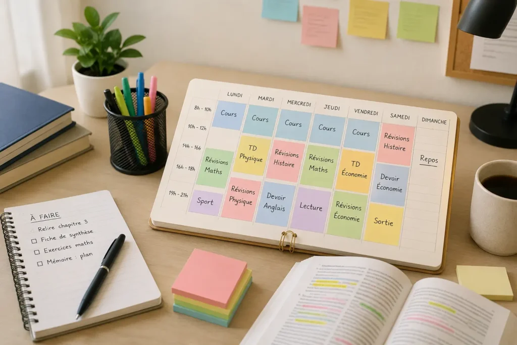 Bureau d'étudiant organisé avec un planning hebdomadaire, un carnet de tâches, des livres et des fournitures illustrant la gestion du temps étudiant.