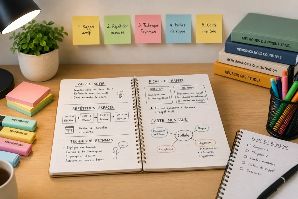 Méthode de révision efficace illustrée par un bureau d'étudiant avec des fiches de rappel, une carte mentale, un planning de révision et des notes organisées pour mieux mémoriser les cours.