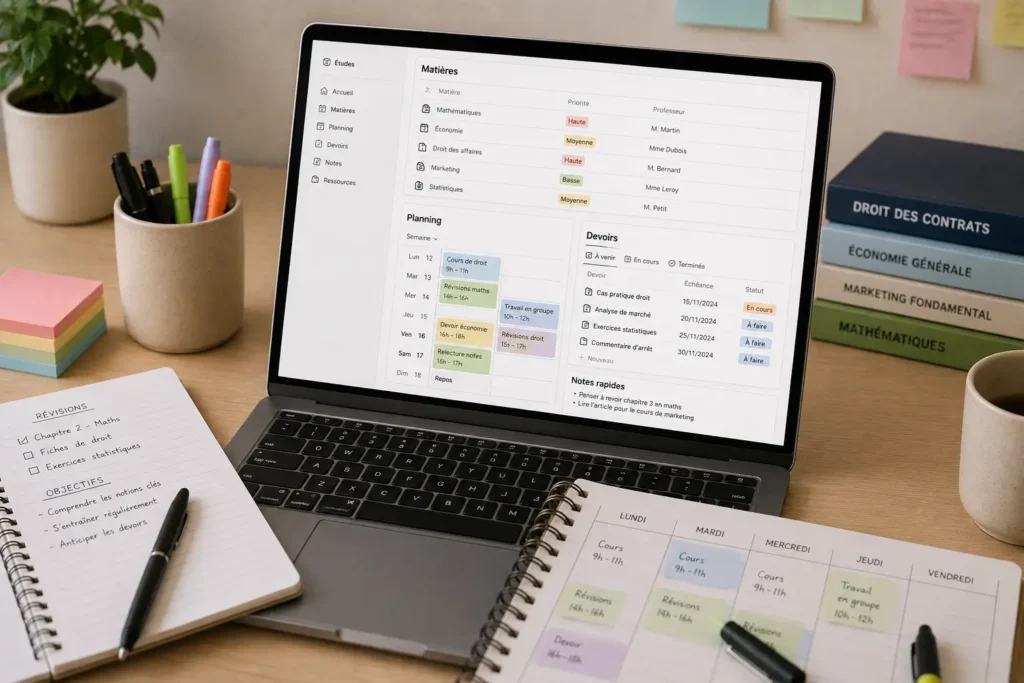 Notion pour étudiant affiché sur un ordinateur portable avec un tableau de bord regroupant les matières, le planning hebdomadaire, les devoirs et les notes dans un espace de travail organisé.