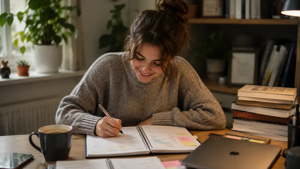 Organisation étudiante avec une étudiante planifiant efficacement sa semaine dans un carnet.