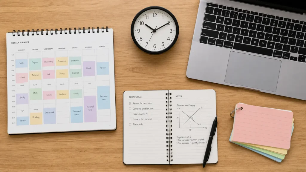 Organisation étudiante avec un planning hebdomadaire pour mieux gérer les cours et les révisions.