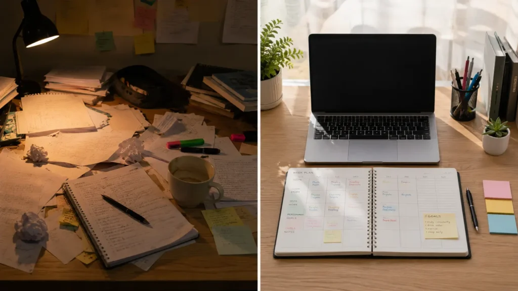 Organisation étudiante pendant une séance de révision avec carnet et ordinateur portable.