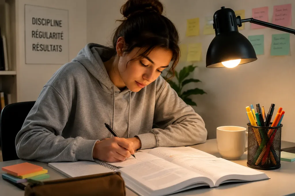Étudiante suivant son planning de révision en travaillant dans un espace calme et organisé avec un cahier, un manuel et une lampe de bureau.