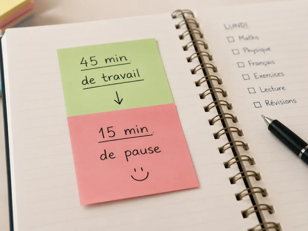 Planning de révision illustrant une méthode de travail avec 45 minutes de concentration suivies de 15 minutes de pause pour optimiser les révisions
