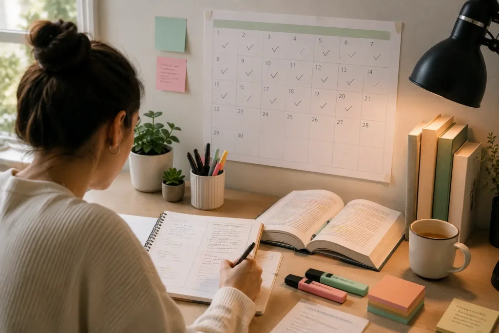 Étudiante préparant ses examens avec un planning de révision de 30 jours, un calendrier mensuel, des fiches de synthèse et un bureau de travail organisé.