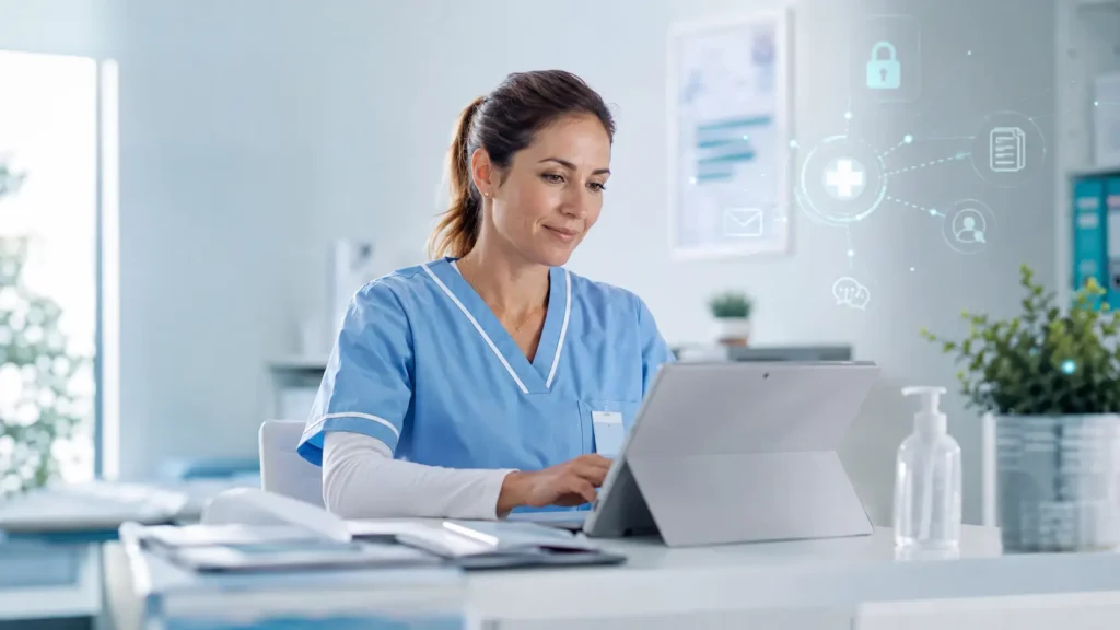 Infirmière libérale utilisant une tablette dans un cabinet médical avec des icônes numériques de santé illustrant le Ségur numérique IDEL